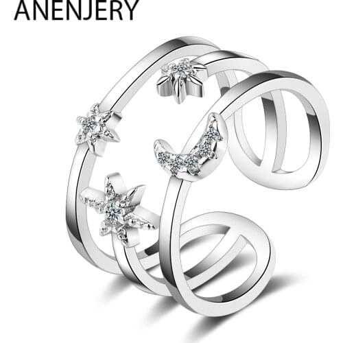 ANENJERY 925 Sterling Silver Multi-layered Star Moon Rings For Women Girl Adjustable Wedding Ring S-R464