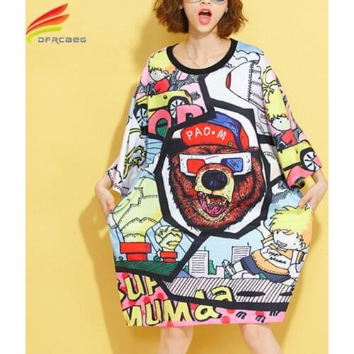 Loose Vintage Cartoon T Shirt Dress For Women Casual Streetwear Print Dresses New 2020 Graffiti Plus Size Women Clothing 5XL