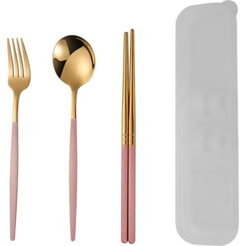 3Pcs/Set Dinnerware Portable Printed Stainless Steel Spoon Fork Steak Chopsticks Set Travel Utensils Cutlery Tableware With Bag