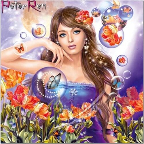 Diamond painting Pretty girl cross stitch flower butterfly in balloon full rhinestone puzzle Mosaic embroidery Sexy beauty Decor