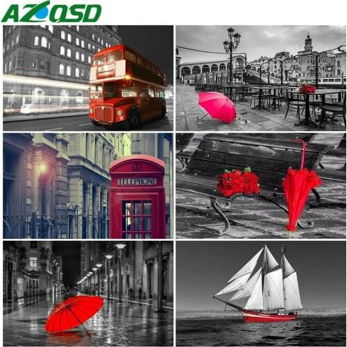 AZQSD Diy Black Red Diamond Painting Kit Umbrella Landscape Diamond Embroidery Sale Ferry Picture Of Rhinestones Decor for home
