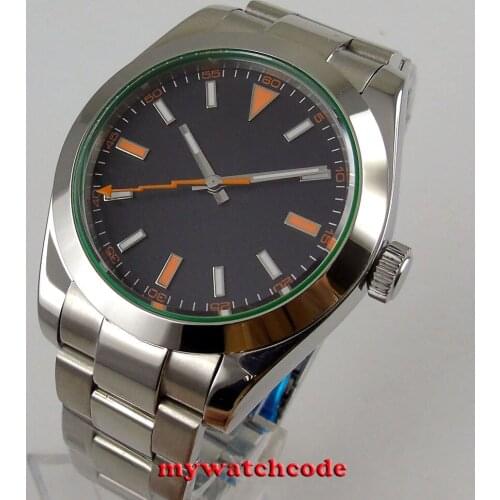 40mm parnis no logo black dial luminous marks solid case date window sapphire glass automatic mens watch