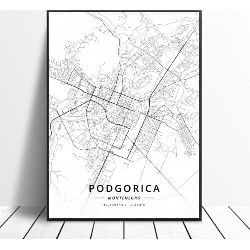 Black and White Podgorica Montenegro Latitude Longitude Canvas Art Map Poster
