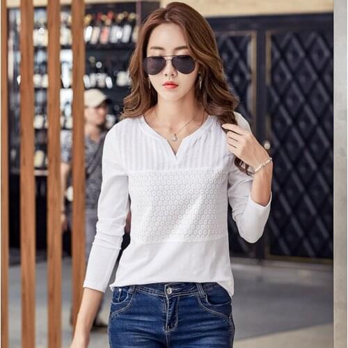 T Shirt Women korean clothes 2019 Embroidery Tshirt femme V-Neck T-Shirt Woman Cotton Long Sleeve Tops Plus Size Womens Clothing