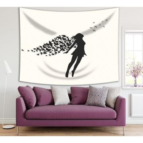 Tapestry Girl with Jumping Swarm of Birds Wings Fairy Tale Mystery Joyful Black and White Artwork Print