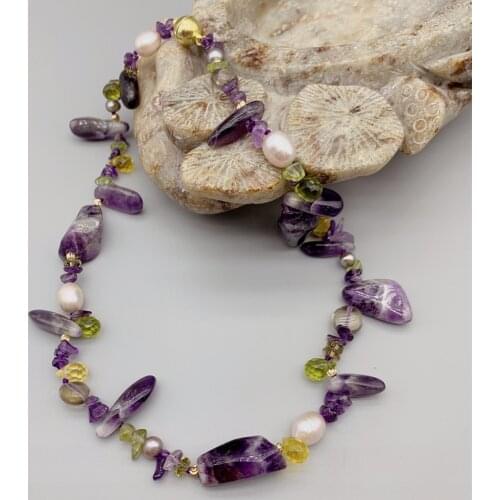FoLisaUnique Citrine Peridot Purple Amethyst Necklace For Women Girls Smokey Quartz Freshwater Pink Baroque Pearls Gray Pearls