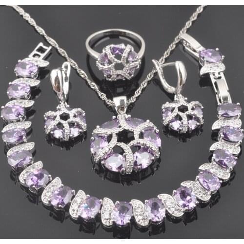 Christmas Gift Purple Crystal Women Wedding Jewelry Sets CZ Bracelet Silver Color Necklace Pendant Earrings Ring QS0440