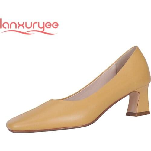 Lanxuryee 2021 spring new plus size full grain leather square toe high heels three colors simple style fashion women pumps L93