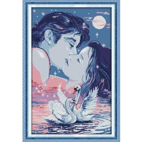 Swan Lake romantic couple kiss warm scene hand embroidery home decoration cross stitch suite swan lover paintings
