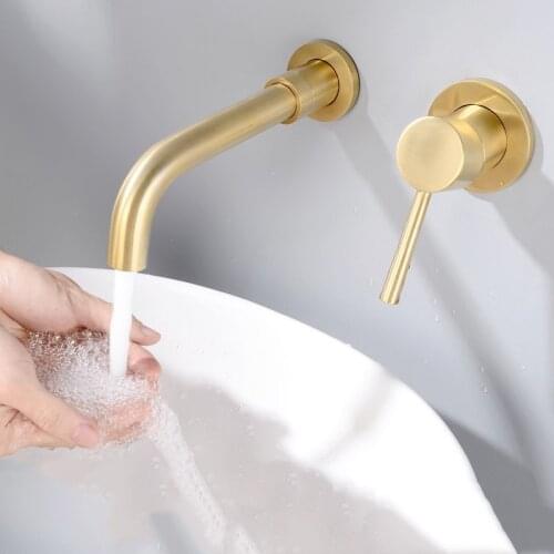 Brushed Gold Solid Brass Wall Mounted Basin Faucet Bathroom Mixer Tap Hot and Cold Faucet 360 degree rotation Spout,High quality
