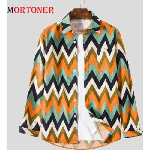 MORTONER 2021 Mens Corduroy Wavy Stripes Fashion Printed Shirt Casual Fit Cotton Long-sleeved jackets Shirt Chemise