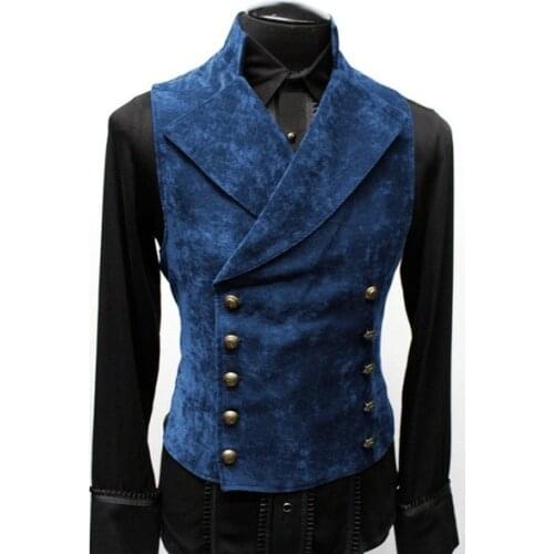 Men Edwardian Renaissance Steampunk Vest Slim Fit Blue Waistcoat Vintage Gothic Medieval Costume Sleeveless Double Breasted Vest