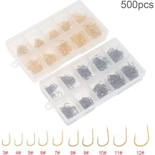 500pcs/ lot Fishing Hook Set 3-12# High Carbon Steel Single Fishhooks Jip Barbed Carp Hooks No Hole