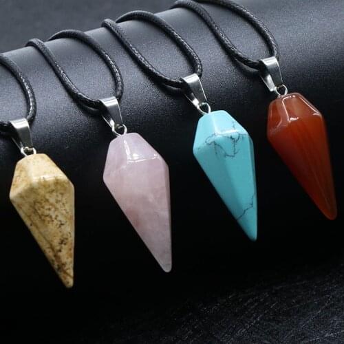 Natural Agates Pink Quartz Pendant Necklace Opal Point Stone Reiki Healing Cone Crystal Necklaces Pendulum Amulet Divination