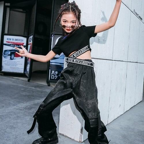 Girls Short Sleeve Crop Black Top Pants Ballroom Dance Performance Clothes Street Dance Costumes Kids Hiphop Stage Outfit XS1240