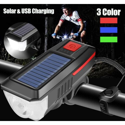 Bicycle Bell With Light 2000mAh USB Rechargeable Solar Power 3 modes LED Front Light Solar Energy LED Bike Lamp Cycle FlashLight