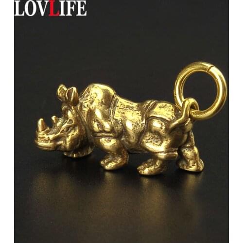 Vintage Brass Rhinoceros Keychains Pendants Solid Copper Rhino Keyrings Hanging Jewelry Men Car Key Chains Gifts Key Holders