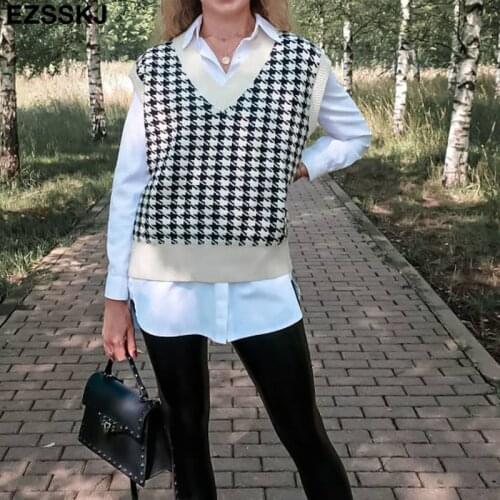 Highquality Houndstooth oversize thick cashmere sweater vest women 2021 autumn winter women female v-neck sweater top