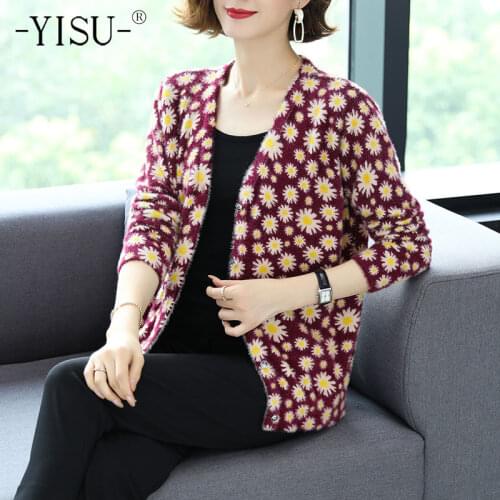 YISU Cardigan Women Autumn Winter V-Neck Floral pattern printed cardigan Casual Warm Sweater Imitation mink cashmere Cardigans