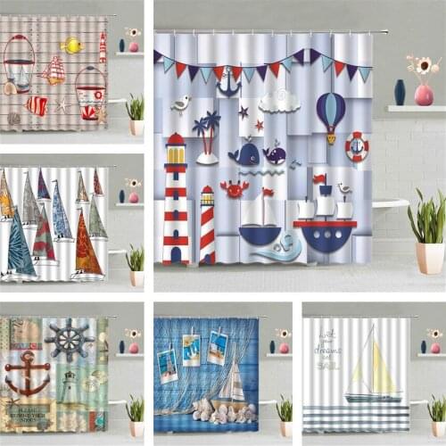 Ship Ocean Shower Curtain Cartoon Blue Wooden Anchor Whale Starfish Conch Shell Fish Lighthouse Children Adventurer Bath Screen