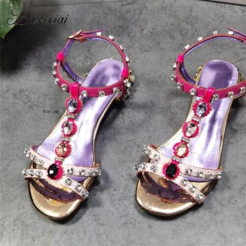 Jeweled Rhinestone T-Strap Sandals Women Sexy Open Toe Real Leather Mixed Color Diamond Pearl Flat Heel Summer Sandalias