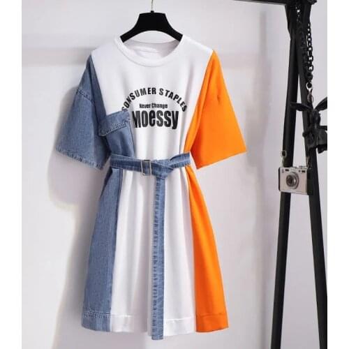 Denim stitching T-shirt dress female plus size summer new Korean fashion design color matching loose lace casual printed dress