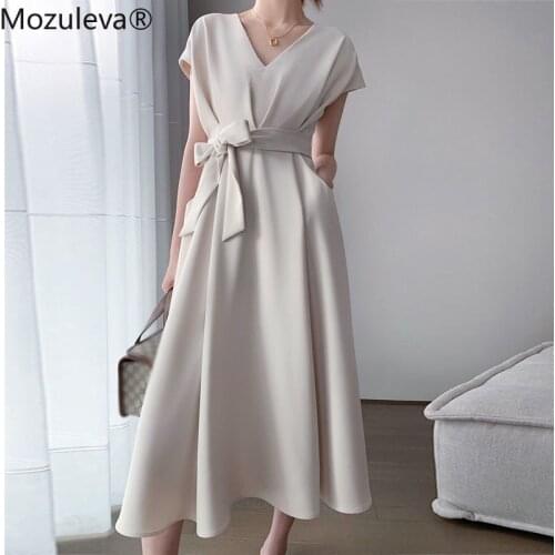 Mozuleva Elegant V-neck Women A-line Dress 2021 Spring Summer Short Sleeve Slim Waist Female Lace-up Midi Vestidos OL Dress