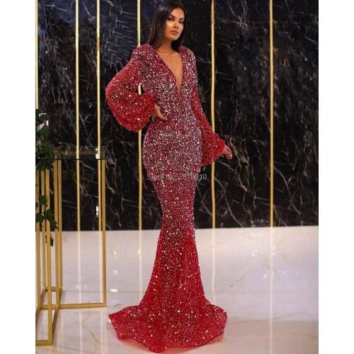 Islamic Brilliant V-Neck Red Mermaid Evening Dress Floor-Length Beaded Prom Dress Robe De Soiree Aibye Middle East Arabia Dubai