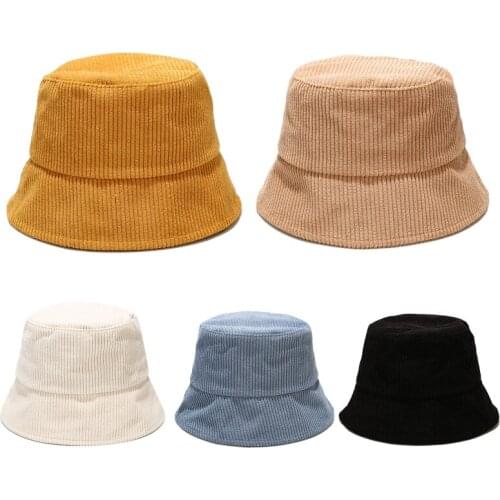 Women Men Winter Ribbed Striped Velvet Bucket Hat Simple Solid Color Wide Brim Sunscreen Packable Panama Fisherman Cap