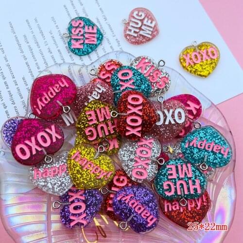 10pcs Colorful Resin Flatback Heart Charm Glitter Pendant for Keychain, Earring, Scrapbooking, DIY Making, Necklace