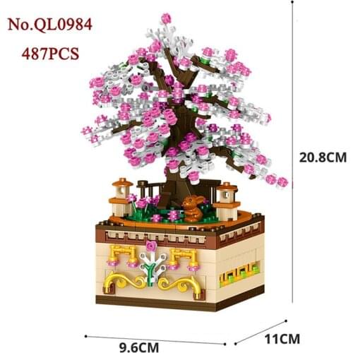 487pcs Pink Romantic Cherry Tree Rotating Music Box DIY Assembled Mini Building Blocks Childrens Toys Girl Birthday Gift No Box
