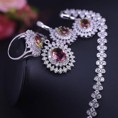 925 Silver Jewelry sunflower Rainbow Zircon Earrings Ring Necklace With Pretty Bracelet Set Four Piece Fashion Jewelry