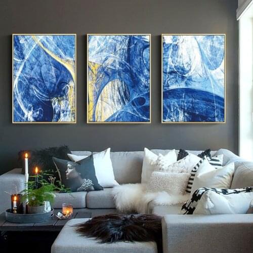 Abstract Gold BluePainting Tableaux Poster Blue Print Gold Wall Art Picture F Living Room Modern Cuadros Modern Canvas Art
