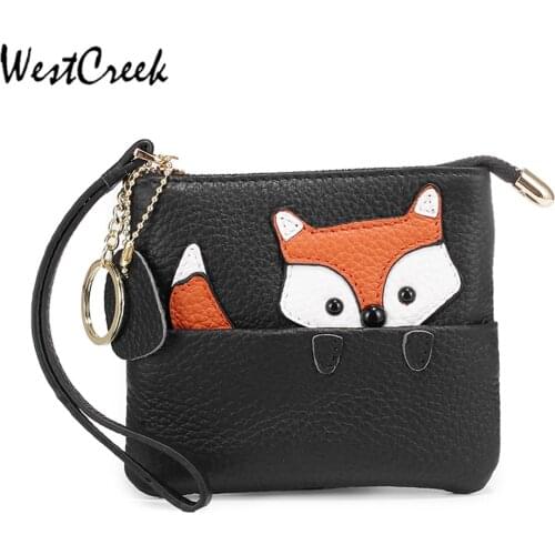 WESTCREEK Brand Fox Pattern Slim Genuine Leather Cute Coin Purse and Card Clip Wrist Small wallet with Key Ring