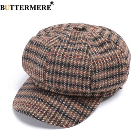 BUTTERMERE Women Newsboy Cap Wool Coffee Plaid Tweed Gabby Baker Boy Cap Autumn Winter Retro Woolen Female Beret