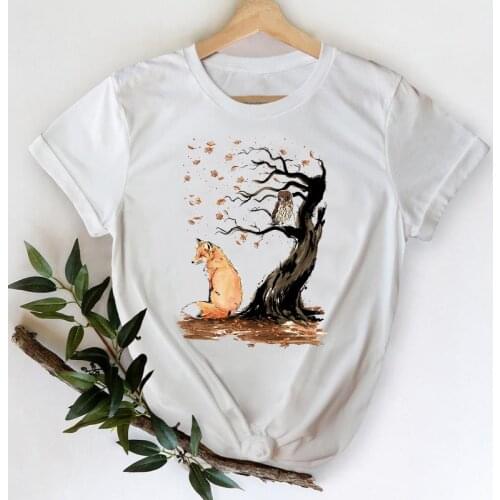 T-shirts for Women 2021 Cartoon Fox Watercolor 90s Printing Spring Summer Top Lady Print Graphic Tshirt Female Tee T-Shirt
