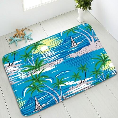 Water Colors Tree Plants Bathroom Mat Ocean Boat Palm Leaves Scenery Bedroom Kitchen Doormat Rug Absorbent Home Carpet Washable