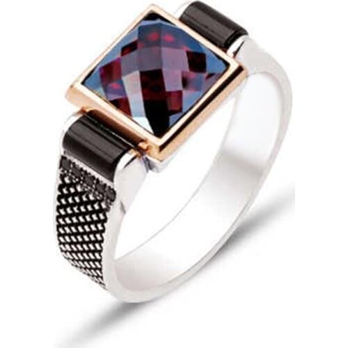 Silver Red Facet Gemstone Sides Zircon Stone Mens Ring