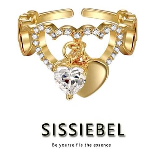 Sweet Hollow Out Heart-Shaped Zircon Pendant Gold Open Rings Cool Accessories For Female Gothic Girls Korean Fashion Jewelry