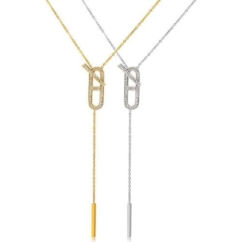 Long Tassels Pendant Choker Necklace Stainless Steel Collar Cubic Zirconia Clavicle Necklaces For Women Bijoux Femme Jewelry