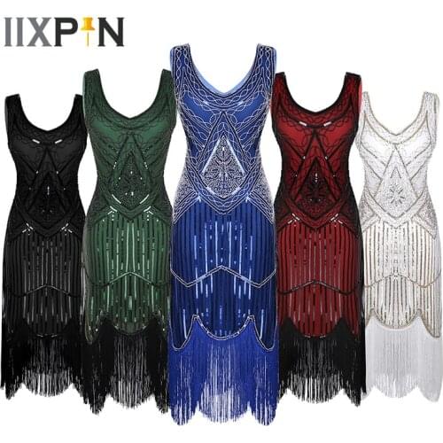 IIXPIN Latin Dance Dress Women fringe dress 1920s Cocktail Shiny Sequins latin dance Beaded V-Neck Tassels Hem Flapper Dresses