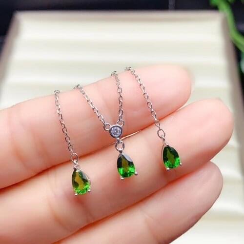Water drop style green diopside earrings and necklace jewelry set natural gem clear color girl birthday gift real 925 silver