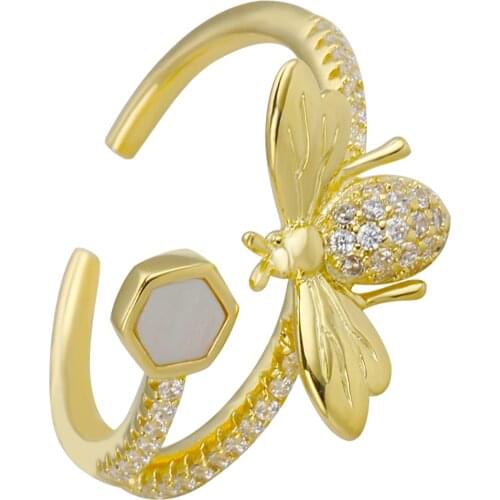 TIRIM Trendy Bee Finger Rings for Women Cubic Zirconia Honeycomb White Shell Fashion Jewelry Accessories Open Ring