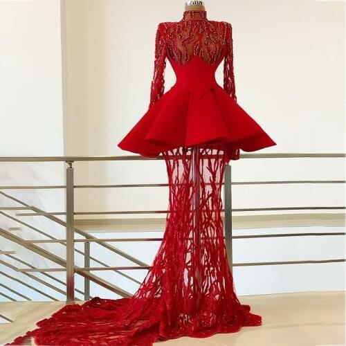 Elegant Red Mermaid Evening Dresses Party Wear High Neck Beading Long Sleeve Prom Dress Custom Made Formal Robes De Soirée