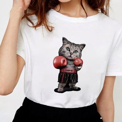 New Summer Boxing cat Print Women Tshirt Casual white T-shirt Female Funny Harajuku Graphics Short sleeve T Shirt For Woman Tops