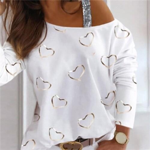 2021 New Ladies Top High Quality Fashion Hot Selling Womens Clothes Love Print Halter Strapless Sexy Long Sleeve Casual T-Shirt