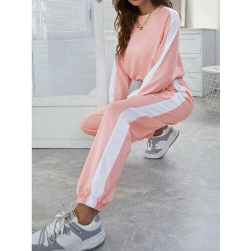 Autumn womens Long Sleeved Trousers Leisure Style Polyester 2021 Sports Suit Comfortable High Waist Sweater Two-piece Set