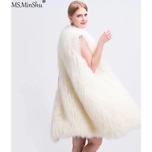 MS.MinShu Women Long Style Genuine Fox Fur Vest Hand Knitted Fox Fur Coat Lightly Real Fur Vest Gilet Fox fur jacket