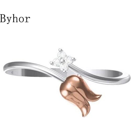 Byhor Solid 14K White+Rose Gold 0.032ct H/SI Natural Diamonds ring Women Fine Jewelry Trendy Wedding Band flower кольцa кольцo