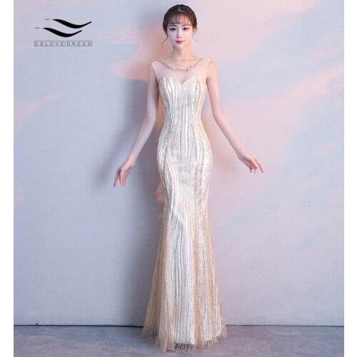 Solovedress Sweetheart Scoop Neck Mermaid Seqion Dress Back with Lace up Champagne Sleeveless Formal Evening Gown Bodycon E711